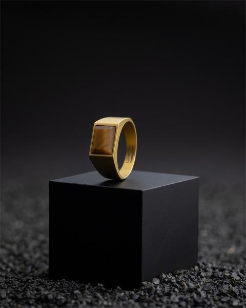 Siegelring aus 18 Karat vergoldetem Titan mit Tigerauge-Stein - Credo Gold Tiger